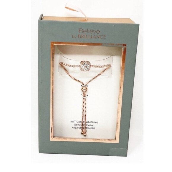 NWT Believe by Brilliance Rose Gold Tone DaintyCrystal Halo Bracelet Adjustable - Picture 2 of 6